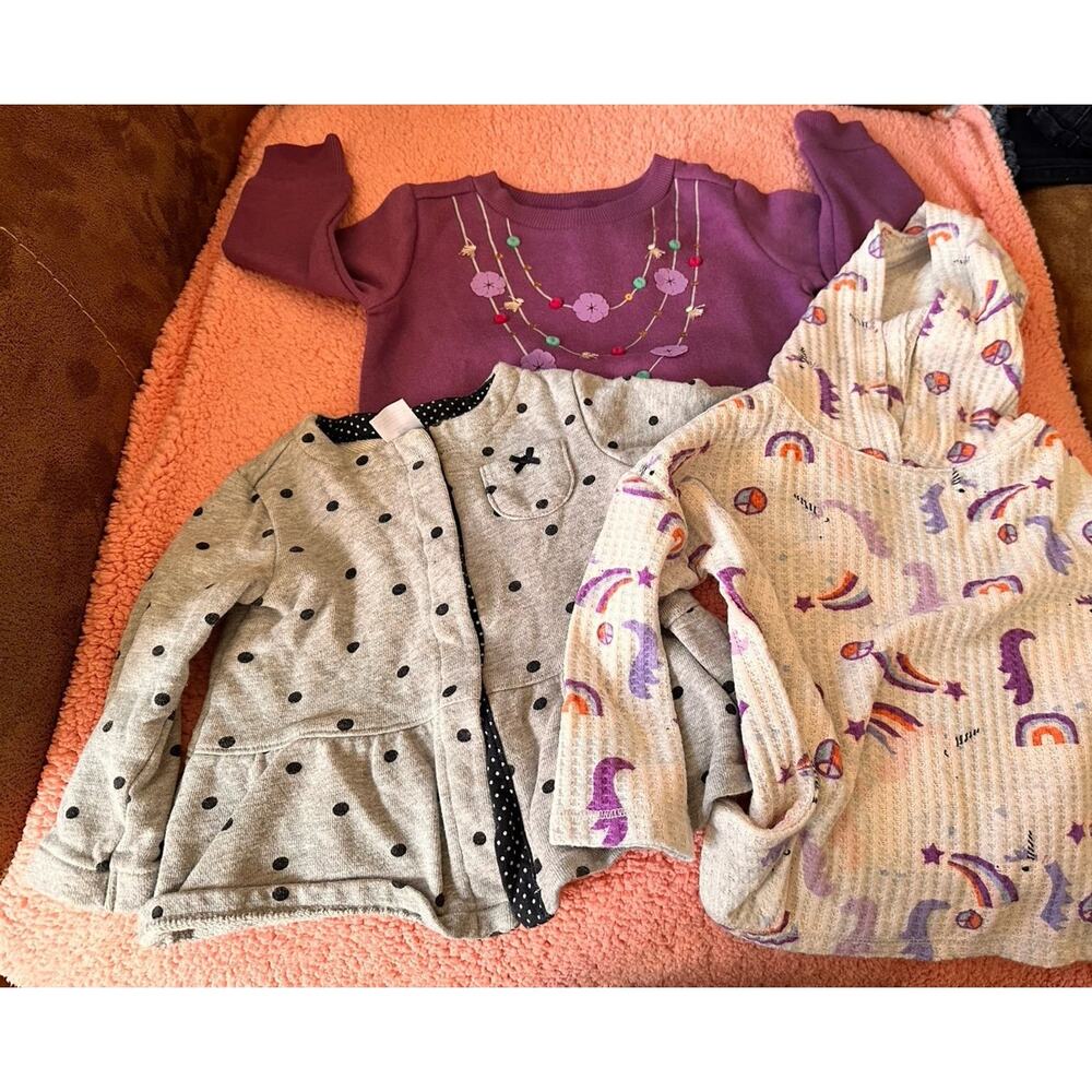 Lot of 12 months girls sweatshirt tops. 2 new. lot of 3 carters falls creek